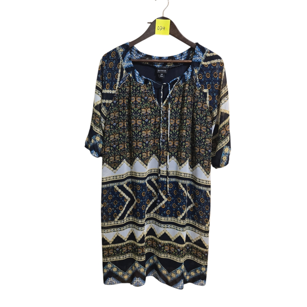 En Focus Petites Women's Dress Size 14P Black White‎ Brown Print Long Sleeve